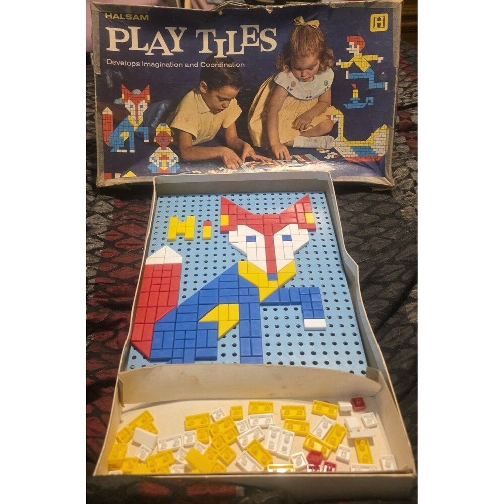 Vintage Halsam Pegboard Playtiles Set w/box (Missing Few Color Tiles & Poster)